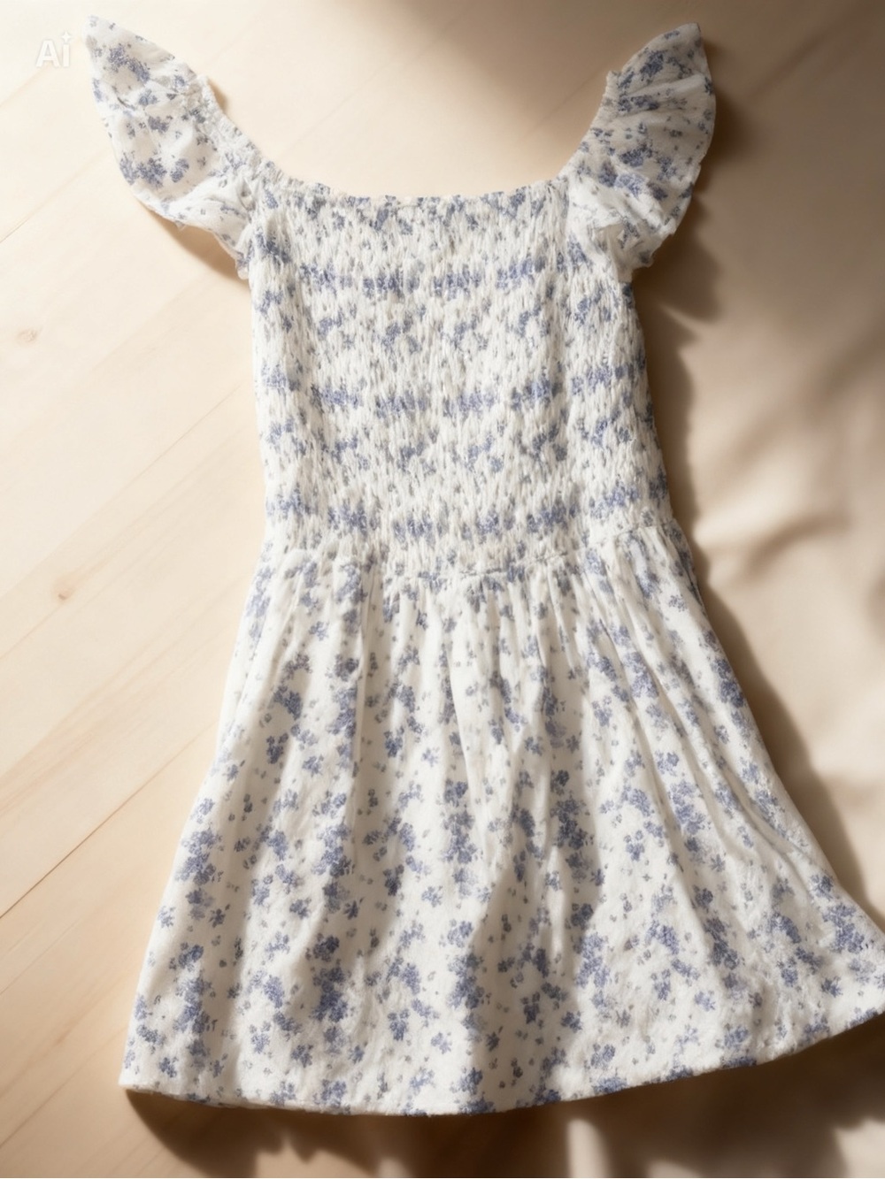 Forever 21 White Floral Smocked Mini Dress with Light Blue Print